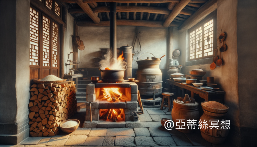 Dall·e 2024 01 30 23.54.20 A Traditional Chinese Kitchen In A 16 9 Aspect Ratio. The Kitchen Features A Rustic Stove With Lively Flames Where A Pot Is Boiling Something Delicio