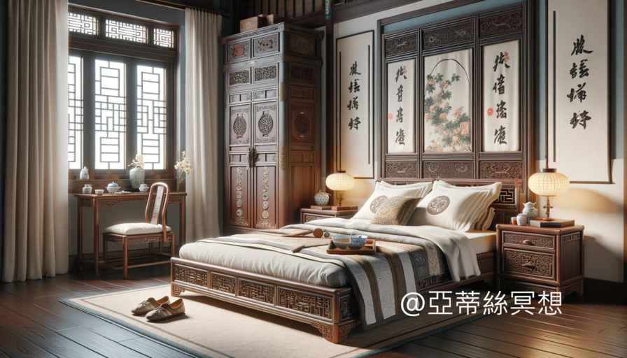 Dall·e 2024 01 30 23.55.56 A Traditional Chinese Bedroom Setting In A 16 9 Aspect Ratio. The Room Features A Classic Chinese Bed Low To The Ground With A Neatly Arranged Mattre