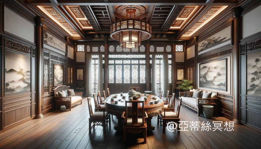 Dall·e 2024 01 30 23.56.24 A Traditional Chinese Living Room With A Dining Area Depicted In A 16 9 Aspect Ratio. The Room Is Elegantly Furnished With Classical Chinese Decor I