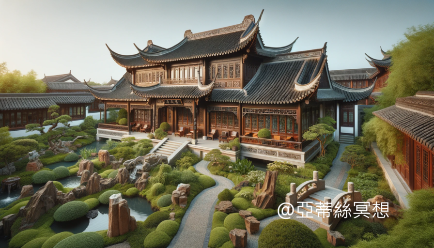 Dall·e 2024 01 30 23.57.16 A Traditional Chinese Building With A Garden In Front Captured In A 16 9 Aspect Ratio. The Building Features A Distinctive Chinese Architectural Styl